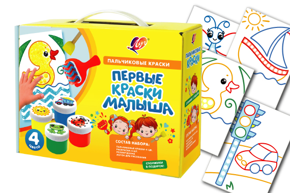 Набор пальчиковых красок "Кроха" 4 цв. с аксессуарами "Первые краски малыша"